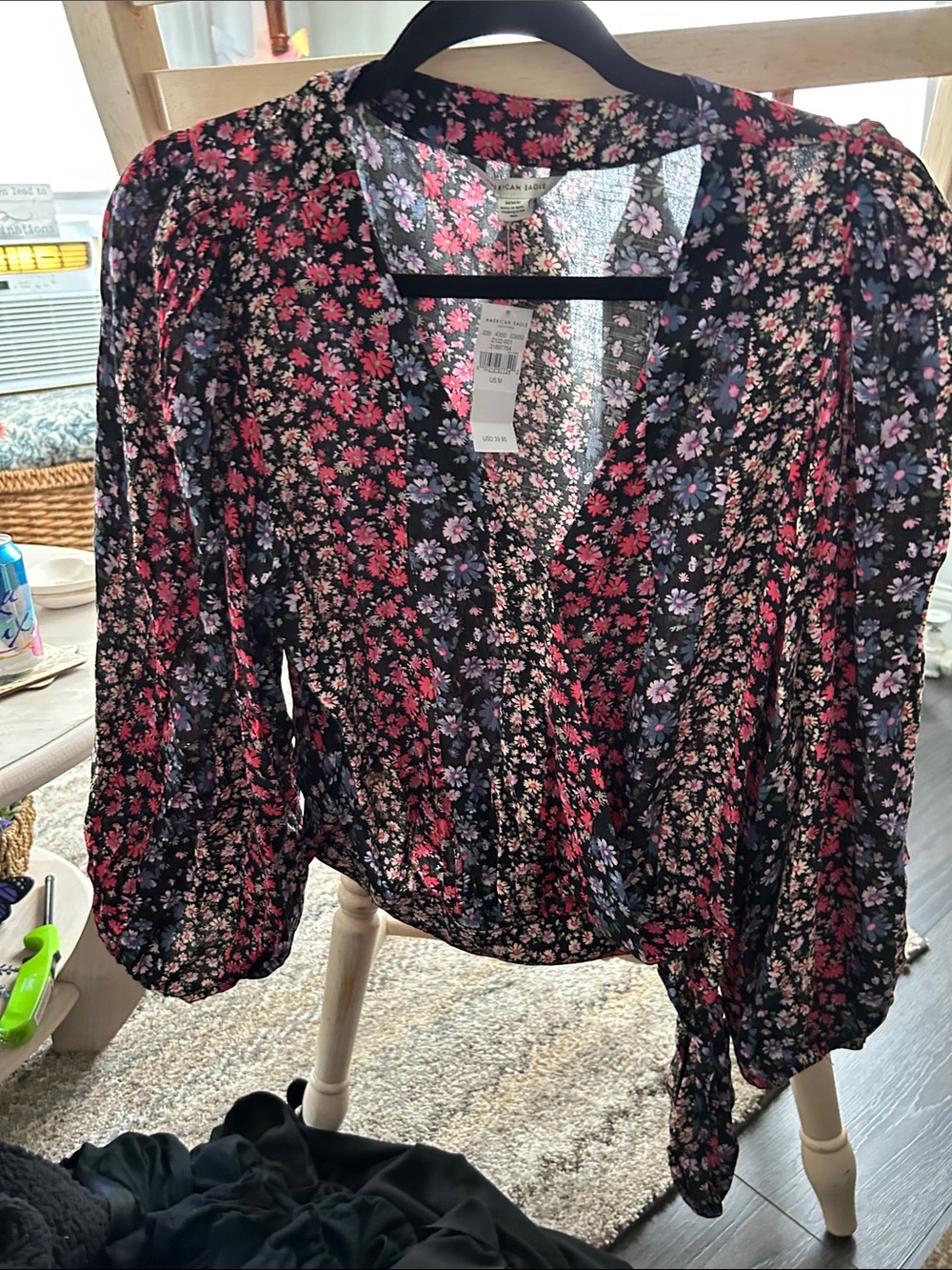 American Eagle Outfitters Floral Wrap Blouse - Black and Red